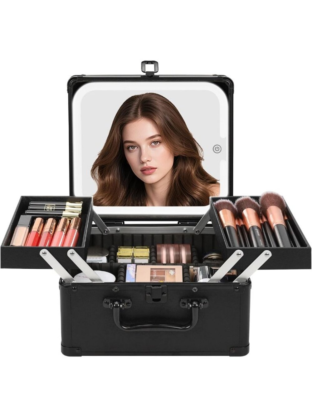 LED Makeup Case Organizer with 2 Trays, Hard Shell Storage Box & Mirror